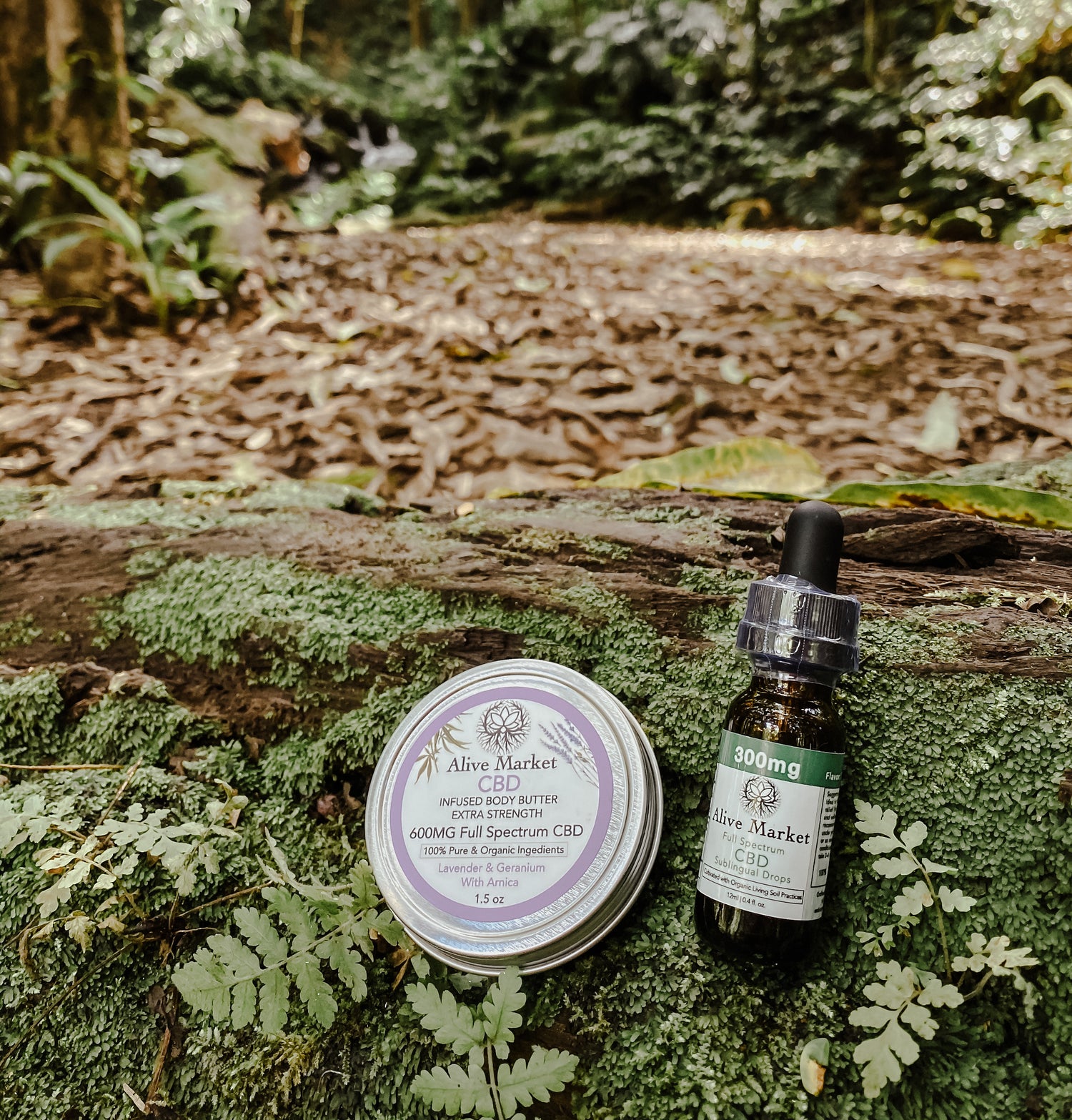 CBD infused body butter and CBD oil placed on a rock mossy terrain.