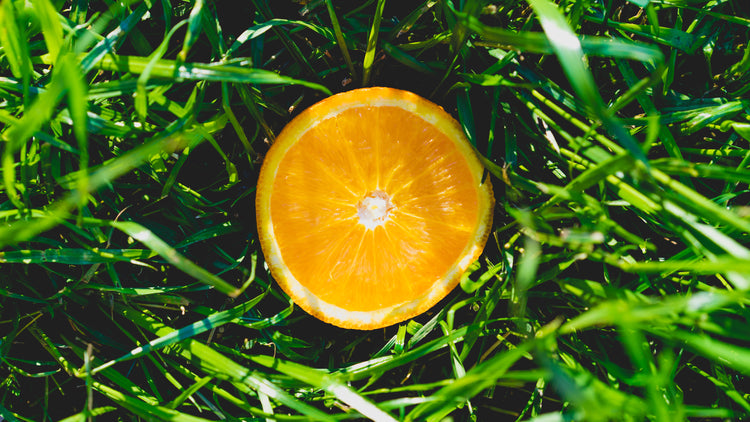 a slice of orange placed on the grass.